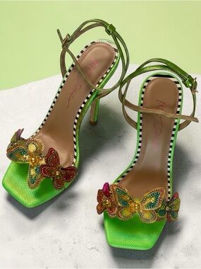 Betsey Johnson Butterfly Multi Colored Green Wedge Sandals 7.5